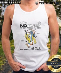 Alt Text: Casual style with Wituka tank top featuring 'I Am In No Rush' slogan, perfect for enjoying leisurely walks.
