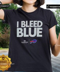 Alt Text: Official I Bleed Blue Buffalo Bills logo ladies tee featuring bold team colors and stylish design for female fans.