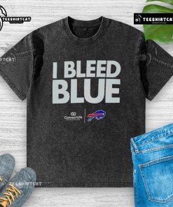 Alt Text: Official I Bleed Blue Buffalo Bills logo on a washed t-shirt, perfect for fans showing team spirit and style.