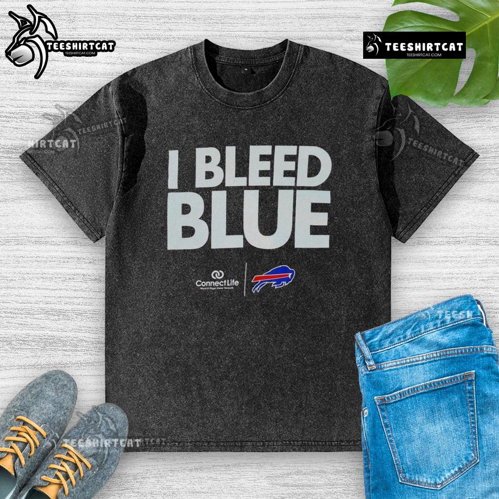 Official I Bleed Blue Buffalo Bills Logo Washed T Shirt Alt Text: Official I Bleed Blue Buffalo Bills logo on a washed t-shirt, perfect for fans showing team spirit and style.