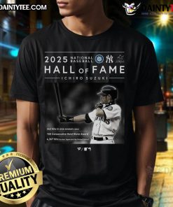 Ichiro Suzuki 4367 Hits T-Shirt celebrating Hall of Fame 2025, featuring Seattle Mariners, Yankees, and Marlins logos.