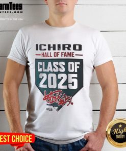 Alt Text: Official Ichiro Suzuki Hall Of Fame Class Of 2025 Seattle Mariners Signature T-Shirt, featuring iconic design and team colors.