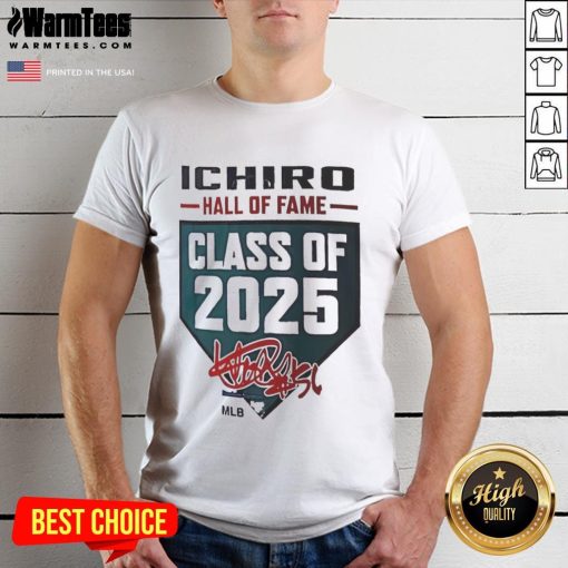 Alt Text: Official Ichiro Suzuki Hall Of Fame Class Of 2025 Seattle Mariners Signature T-Shirt, featuring iconic design and team colors.