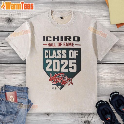 Official Ichiro Suzuki Hall of Fame Class of 2025 Seattle Mariners Signature Washed T-Shirt displayed on a hanger.