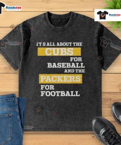 Official washed t-shirt featuring Cubs for baseball and Packers for football, perfect for sports fans and team spirit.