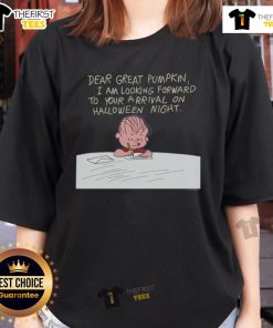 Official It's The Great Pumpkin Charlie Brown Dear Great Pumpkin Ladies Tee featuring classic Halloween characters and design.