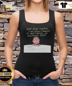 Official It's The Great Pumpkin Charlie Brown tank top featuring the phrase 'Dear Great Pumpkin' in festive design.