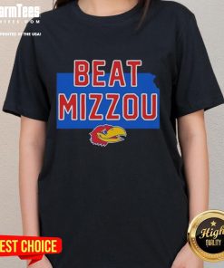Official Jayhawk Kansas Beat Mizzou logo on a ladies tee, showcasing team spirit and pride for Kansas fans.