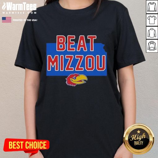Official Jayhawk Kansas Beat Mizzou logo on a ladies tee, showcasing team spirit and pride for Kansas fans.