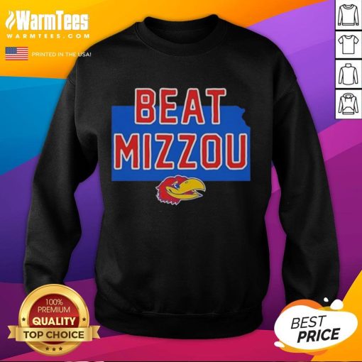 Alt Text: Official Jayhawk Kansas Beat Mizzou logo sweatshirt featuring vibrant colors and team spirit design.
