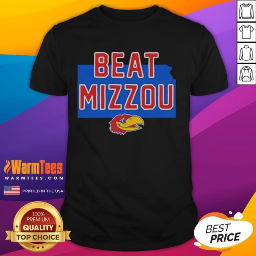 Alt Text: Official Jayhawk Kansas Beat Mizzou Logo T-Shirt featuring vibrant colors and team spirit for fans and supporters.