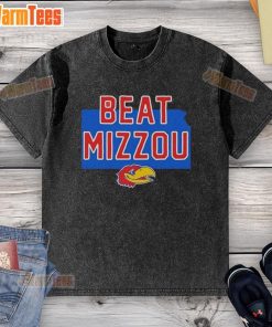 Alt Text: Official Jayhawk Kansas Beat Mizzou logo on a washed t-shirt, perfect for fans celebrating the rivalry.