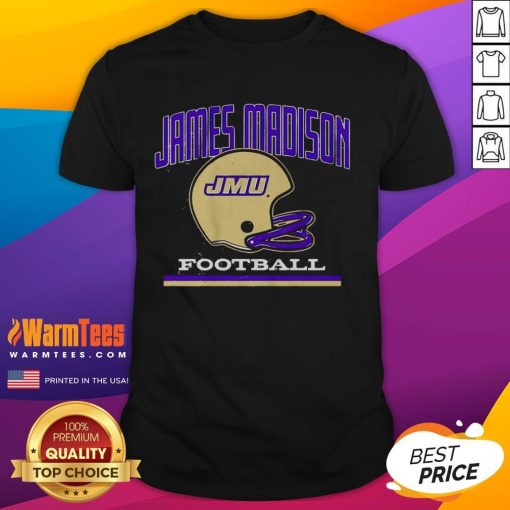 Vintage JMU James Madison Dukes Football helmet t-shirt design showcasing school pride and sports heritage.