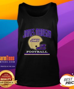 Vintage JMU James Madison Dukes Football helmet tank top featuring team colors and logo for stylish game day wear.