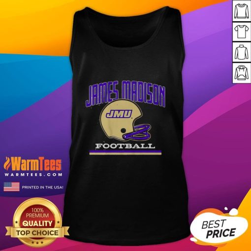 Vintage JMU James Madison Dukes Football helmet tank top featuring team colors and logo for stylish game day wear.