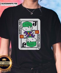 Alt Text: Official Joker Card Bang Gun cartoon design on a ladies tee, featuring vibrant colors and playful graphics.