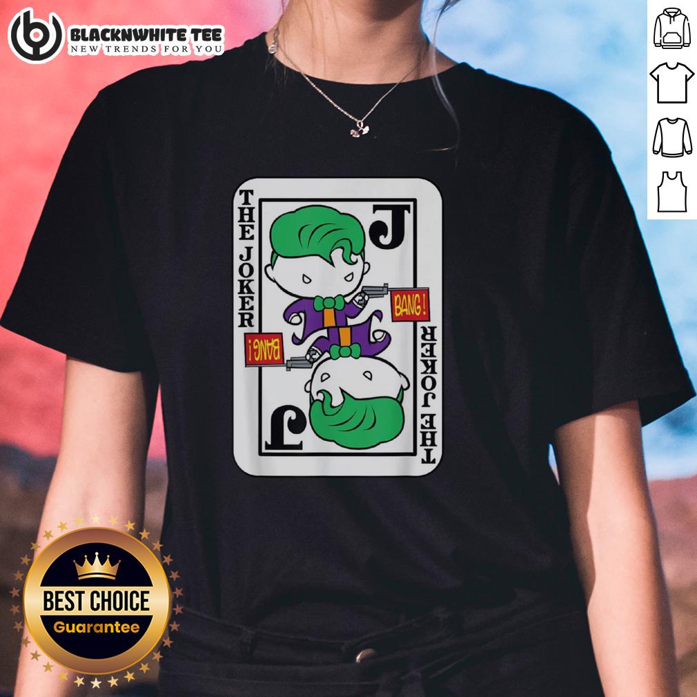 Official Joker Card Bang Gun Cartoon Ladies Tee Alt Text: Official Joker Card Bang Gun cartoon design on a ladies tee, featuring vibrant colors and playful graphics.