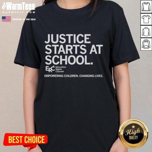 Official Justice Starts At School tee for ladies, empowering children and changing lives through education and advocacy.