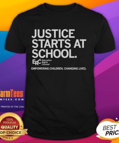 Alt Text: Official Justice Starts At School T-Shirt empowering children and changing lives with vibrant design and inspiring message.