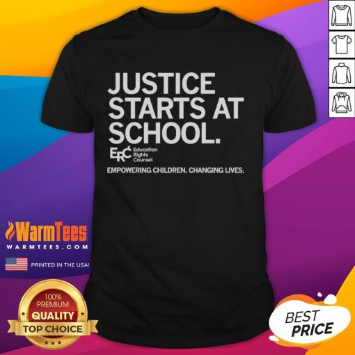Alt Text: Official Justice Starts At School T-Shirt empowering children and changing lives with vibrant design and inspiring message.
