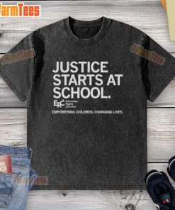 Official Justice Starts At School washed t-shirt empowering children and changing lives with vibrant design.