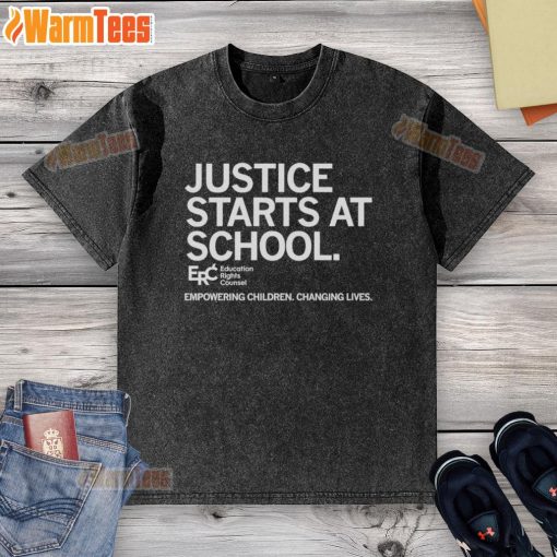 Official Justice Starts At School washed t-shirt empowering children and changing lives with vibrant design.