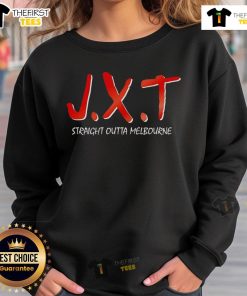 Official JXT Straight Outta Melbourne Sweatshirt in black, featuring bold graphic design and comfortable fit.