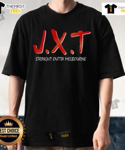 Alt Text: Official Jxt Straight Outta Melbourne T-Shirt featuring bold graphic design and comfortable fit, perfect for casual wear.