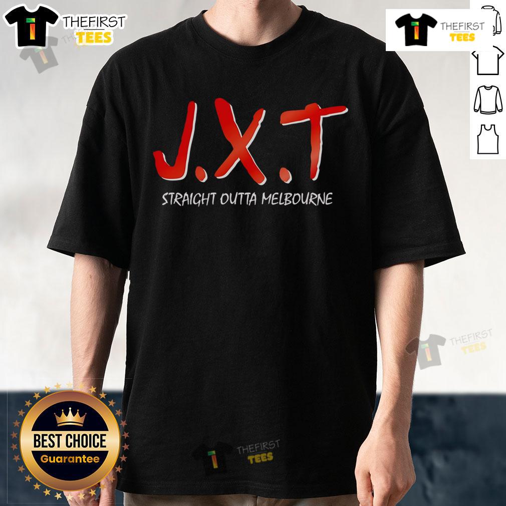 Official Jxt Straight Outta Melbourne T Shirt Alt Text: Official Jxt Straight Outta Melbourne T-Shirt featuring bold graphic design and comfortable fit, perfect for casual wear.