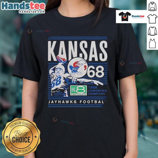 Official Kansas Jayhawks 1968 Conference Champions Big 8 Conference ladies tee showcasing team pride and vintage style.