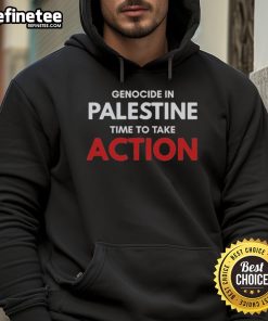 Official Ken Loach hoodie featuring 'Genocide in Palestine - Time to Take Action' message for activism and awareness.