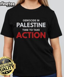 Official Ken Loach 'Genocide in Palestine' ladies tee promoting action for justice and awareness of the Palestinian cause.