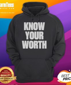Black 'Know Your Worth' statement hoodie featuring bold lettering, perfect for stylish self-expression and motivation.