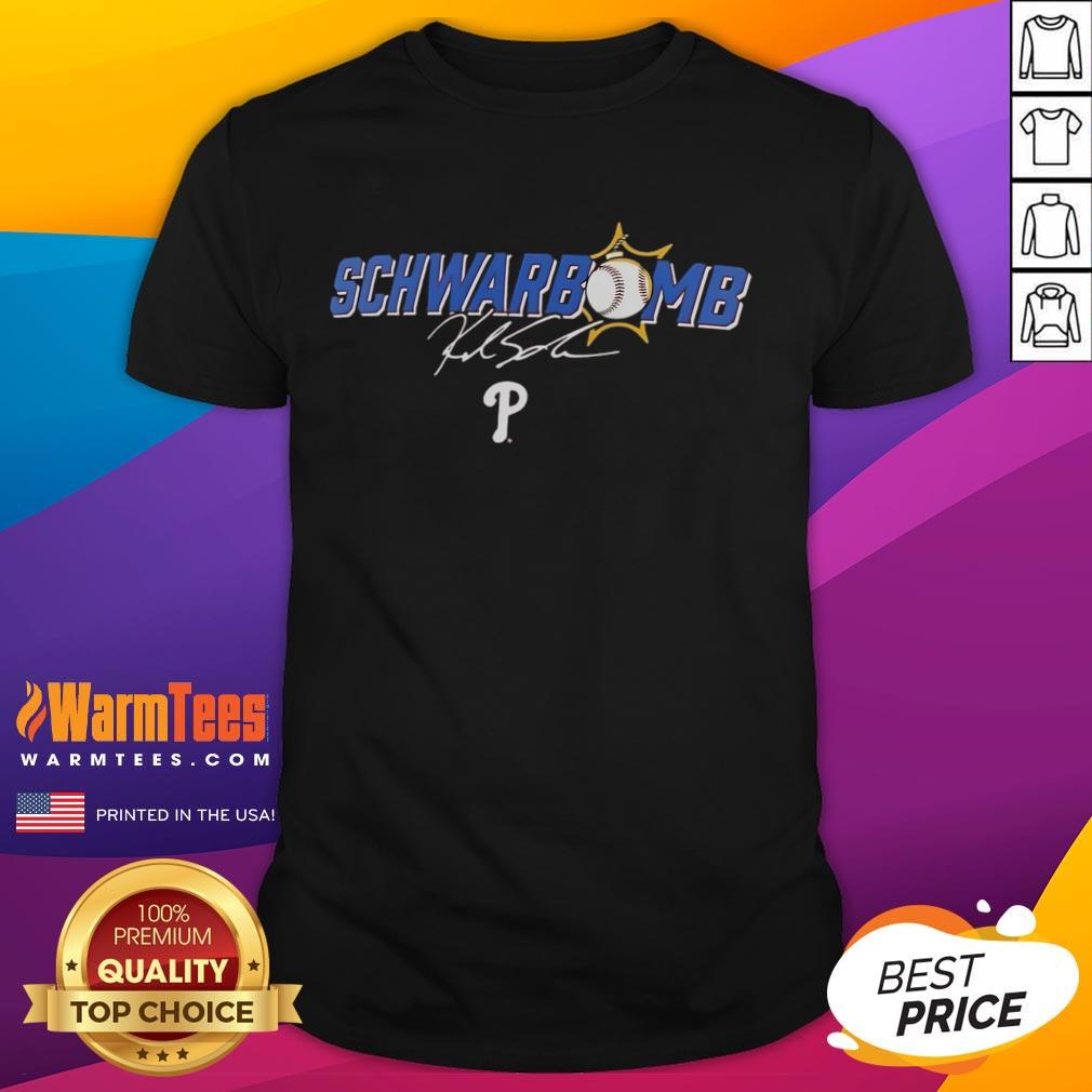 Official Kyle Schwarber Philadelphia Phillies Schwarbomb Signature T Shirt Official Kyle Schwarber Philadelphia Phillies Schwarbomb Signature T-Shirt featuring player autograph and team colors.