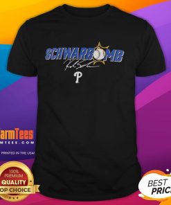 Official Kyle Schwarber Philadelphia Phillies Schwarbomb Signature T-Shirt featuring player autograph and team colors.