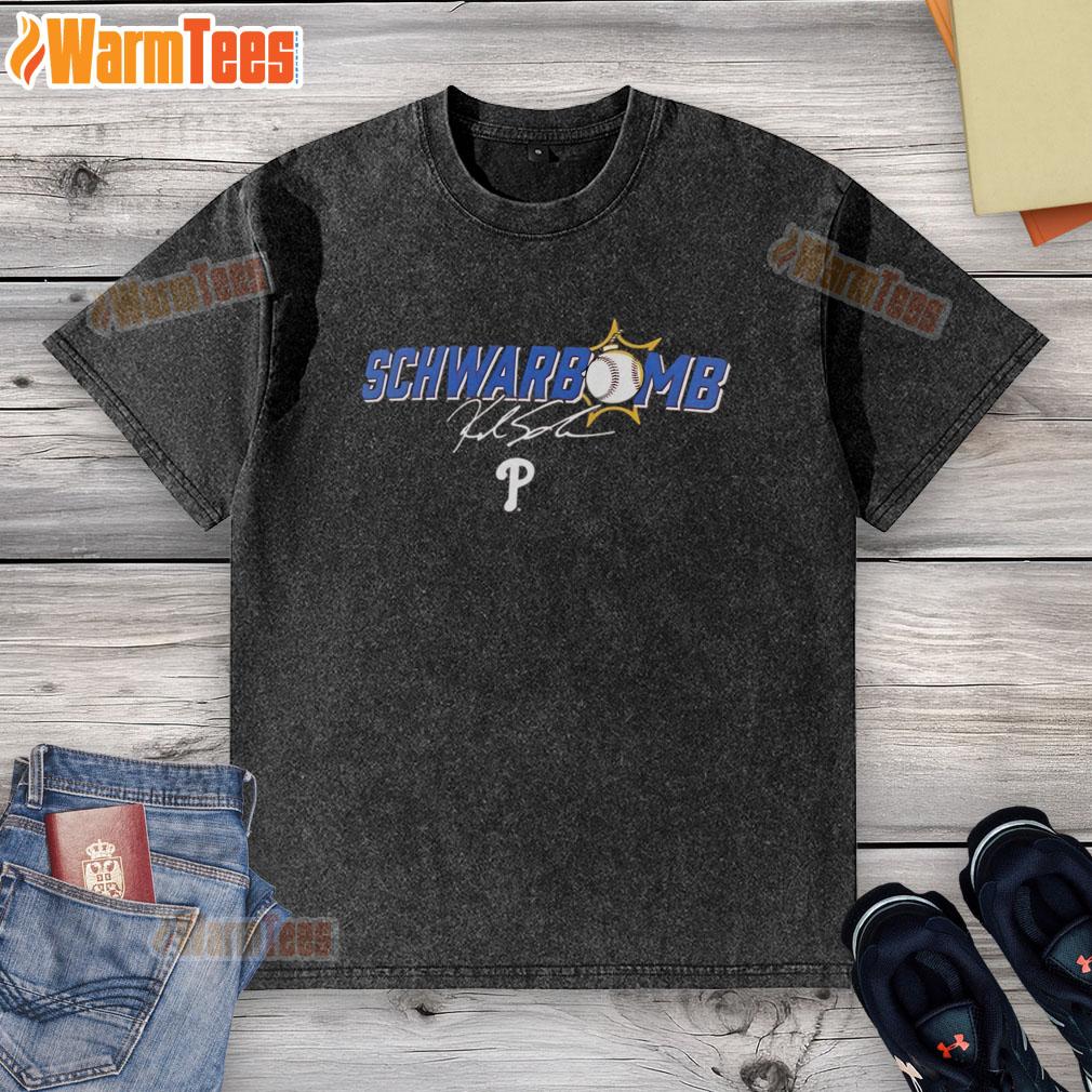 Official Kyle Schwarber Philadelphia Phillies Schwarbomb Signature Washed T-Shirt Alt Text: Official Kyle Schwarber Philadelphia Phillies Schwarbomb signature washed t-shirt featuring vibrant team colors and logo.
