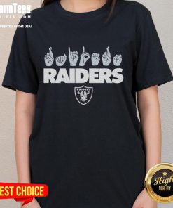 Official Las Vegas Raiders Football homage youth love sign hand signals on a stylish ladies tee shirt.