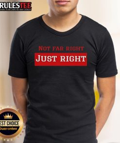 Leilani Dowding models a 'Not Far Right Just Right' T-shirt, showcasing her support for political balance and social justice.
