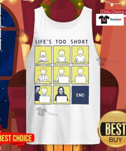 Alt Text: Official Life Is Short comic strip tank top featuring a fun, humorous design for casual wear.