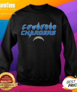 Youth wearing an Official Los Angeles Chargers Football sweatshirt showing love with hand signals. Perfect for young fans!