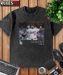 Official Los Angeles Dodgers Clayton Kershaw 3K Career Strikeouts washed t-shirt displayed on a hanger.