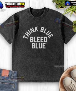 Official Los Angeles Dodgers Think Blue Bleed Blue washed t-shirt displayed on a hanger, showcasing team pride and style.