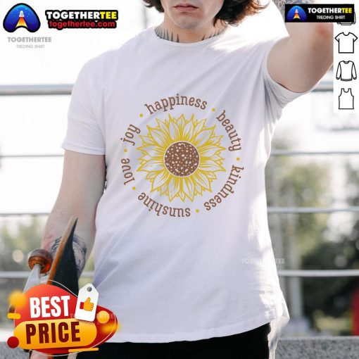 Official Love Beauty Kindness Sunflower T-Shirt featuring a vibrant sunflower design on a comfortable tee.