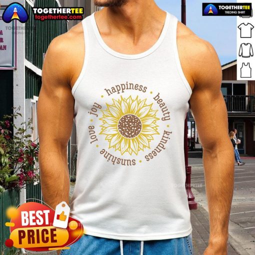 Official Love Beauty Kindness sunflower tank top featuring a vibrant sunflower design for a stylish summer look.