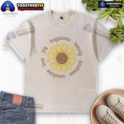 Official Love Beauty Kindness Sunflower Washed T-Shirt featuring a vibrant sunflower design on a soft, casual tee.