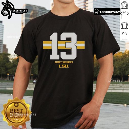 Alt Text: Official LSU Tigers Football Garrett Nussmeier T-Shirt featuring team colors and logo, perfect for fans.
