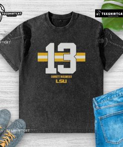 Alt Text: Official LSU Tigers Football Garrett Nussmeier washed t-shirt featuring team colors and logo.