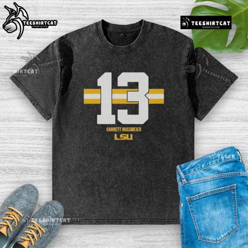 Alt Text: Official LSU Tigers Football Garrett Nussmeier washed t-shirt featuring team colors and logo.
