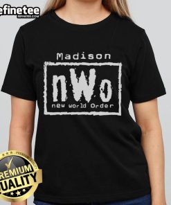 Official Madison nWo New World Order ladies tee in black, featuring iconic logo and stylish design for wrestling fans.