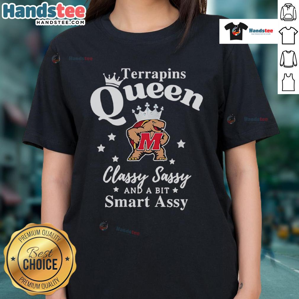 Official Maryland Terrapins Queen Classy Sassy And A Bit Smart Assy Ladies Tee Alt Text: Official Maryland Terrapins ladies' tee featuring 'Classy, Sassy, and a Bit Smart Assy' design in vibrant colors.